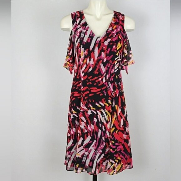 Nine West Women’s Cold Shoulder Shift Dress Pink Black Abstract Print Size 4 - Picture 1 of 14